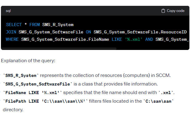 create sccm query for *. xml file and location c:\sam