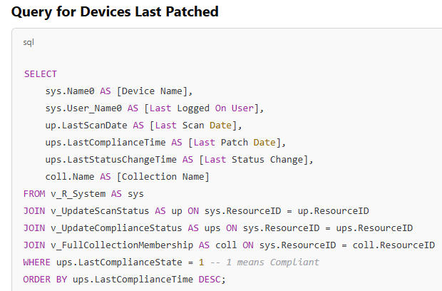 How to write SQL query in MECM for devices last patched